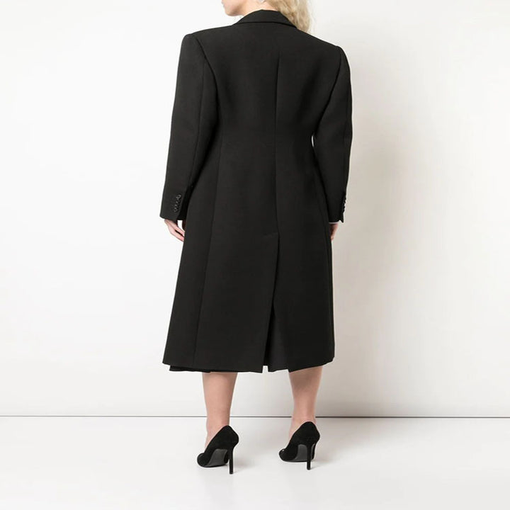 Women Slim fit double-breasted wool blend long coat with distinctive shoulder Mune Fashion