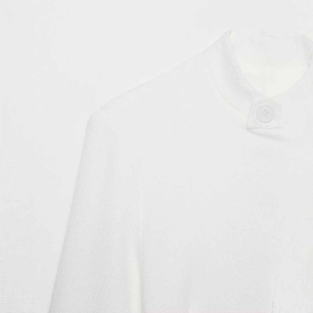 Women's Mandarin Collar Long Blazer with Button Placket and Patch Pockets Mune Fashion