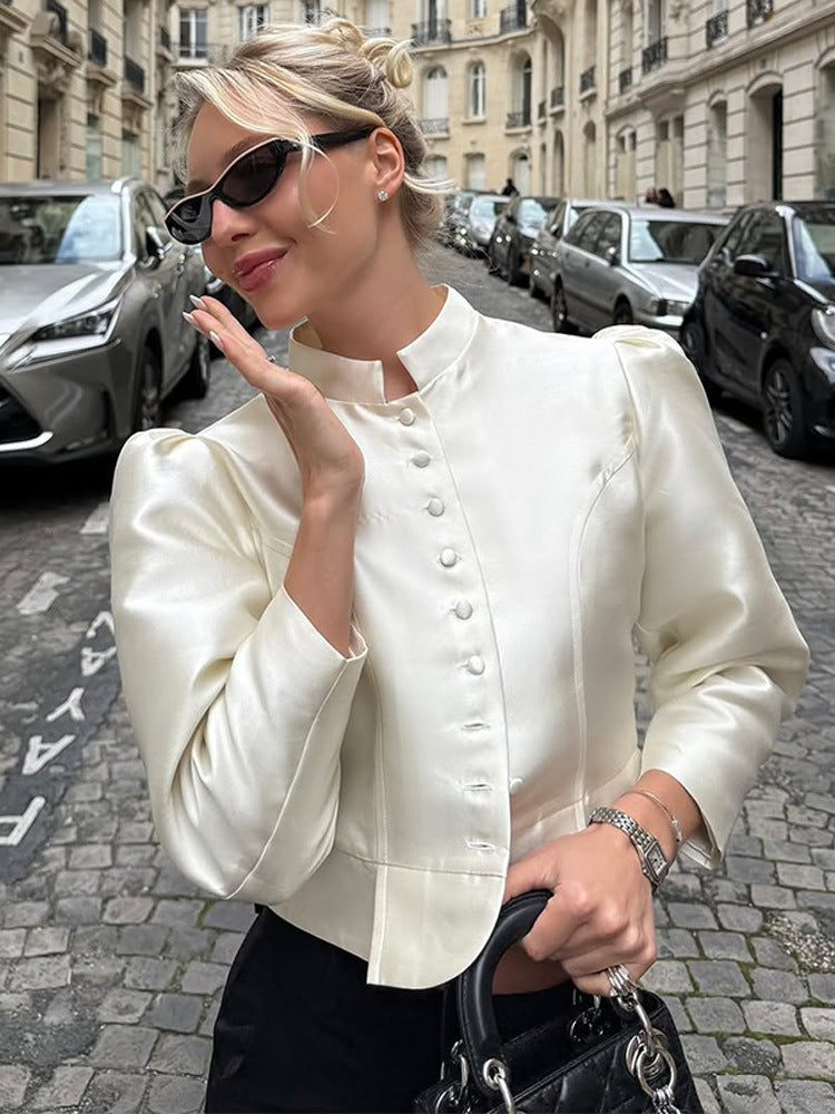 Women Tailored Satin Bolero Jacket with Stand-up Collar & Emphasized Puff Sleeves Mune Fashion
