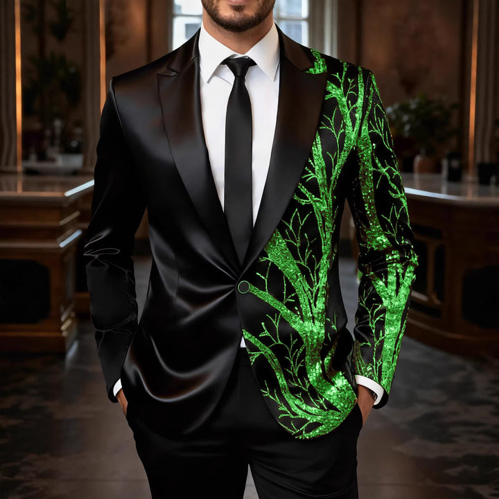 Men's tuxedo blazer with gold sequin trim and tailored satin look Mune Fashion