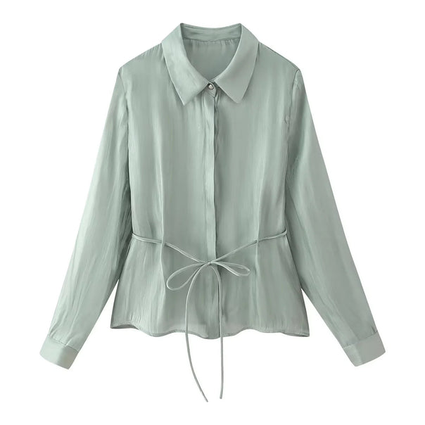 Women's silk-like tailored blouse with tie belt and concealed button placket Mune Fashion