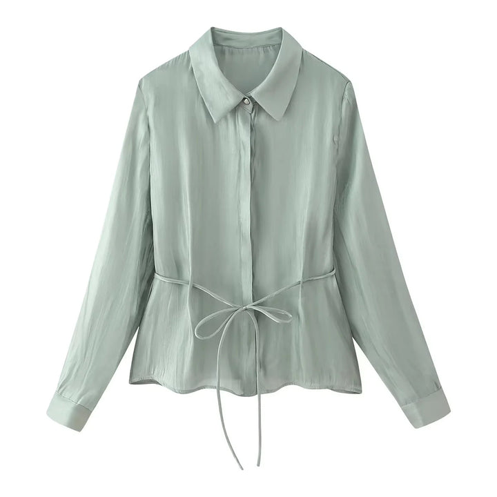 Women's silk-like tailored blouse with tie belt and concealed button placket Mune Fashion