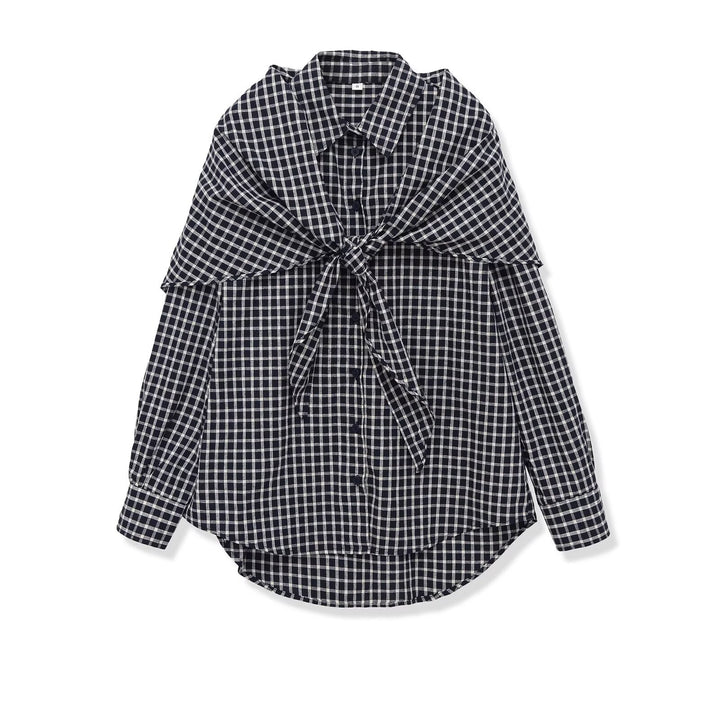 Women Oversize Checked Shirt Blouse with Cape Shoulder and Tie Bow Mune Fashion