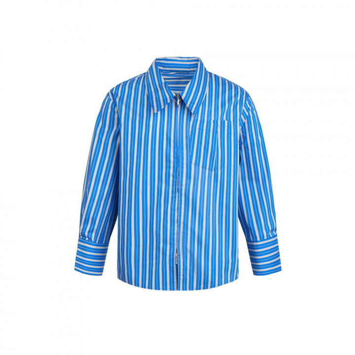 Women's Striped Oversized Blouse Shirt with Concealed Zipper and Chest Pocket Mune Fashion