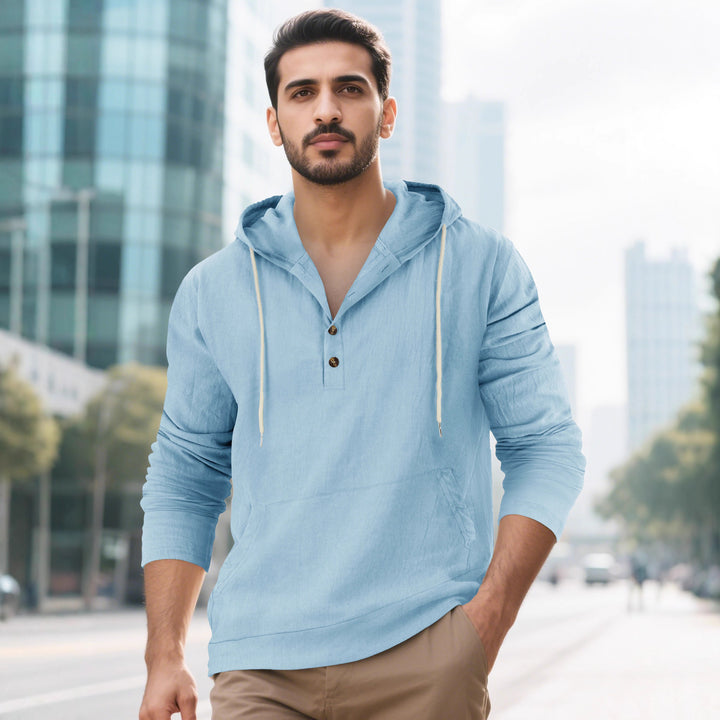Men's Lightweight Hooded Henley Made of Cotton-Linen with Kangaroo Pocket Mune Fashion