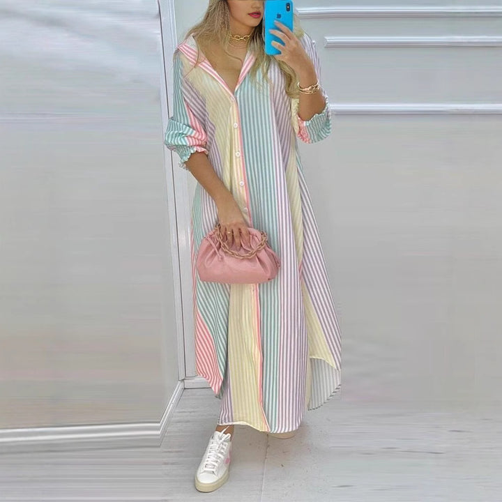 Women's buttoned maxi shirt dress with geometric pattern, V-neck, Kent collar, and high side slit Mune Fashion
