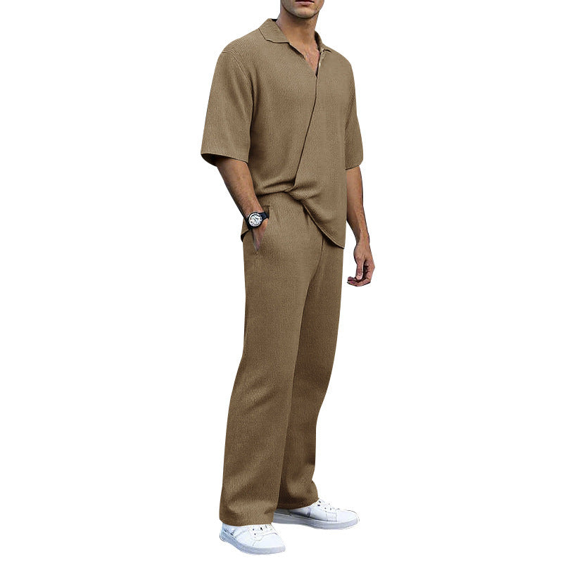 Men's finely structured two-piece set with open polo collar short sleeve shirt and straight comfort waistband pants Mune Fashion