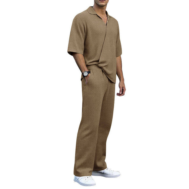 Men's finely structured two-piece set with open polo collar short sleeve shirt and straight comfort waistband pants Mune Fashion