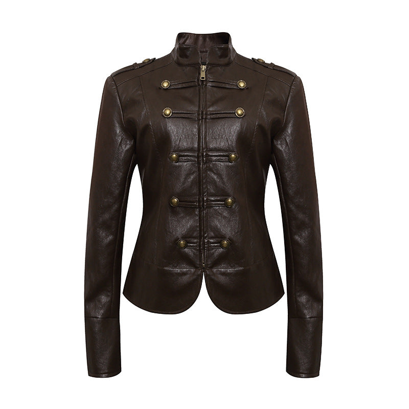 Women’s fitted leather jacket in military style with stand-up collar and decorative button placket Mune Fashion