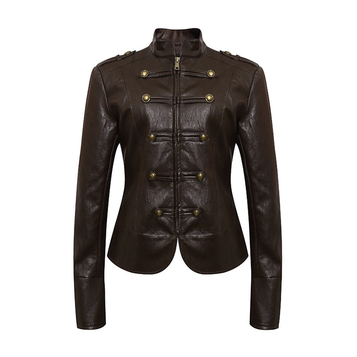 Women’s fitted leather jacket in military style with stand-up collar and decorative button placket Mune Fashion