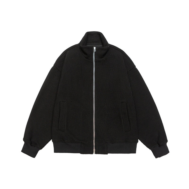 Unisex chunky knit boxy zip jacket with stand-up collar and ribbed cuffs Mune Fashion