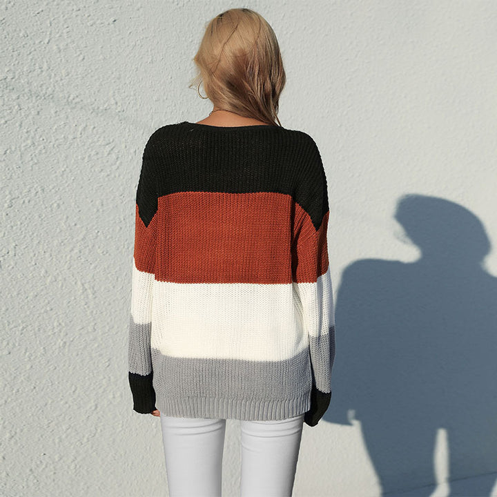 Ladies Casual Block Stripe Sweater in Chunky Knit with Round Neck Mune Fashion