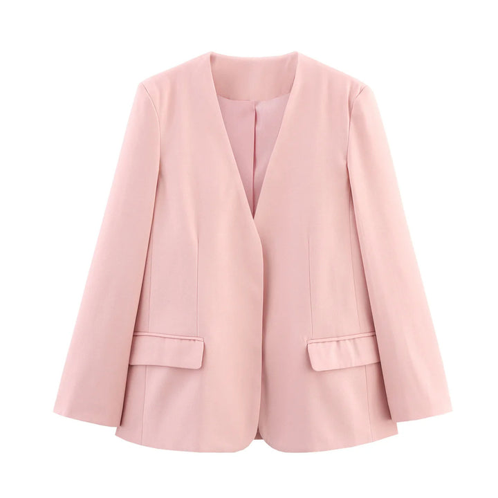 Ladies no-button long blazer jacket with deep V-neck, tailored darts, and flap pockets Mune Fashion