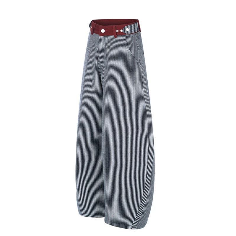 Women's Wide High-Waist Palazzo Culotte with Maritime Pinstripes and Contrasting Waist Detail Mune Fashion