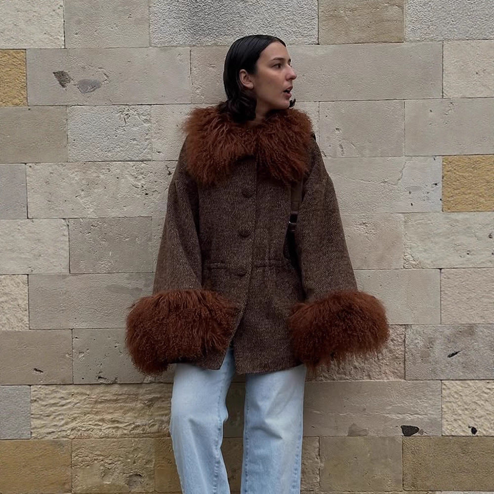 Women's Oversize Wool Blend Marca Coat with Voluminous Lamb Fur Imitation Collar and Extra Wide Sleeve Cuffs Mune Fashion