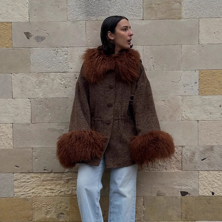 Women's Oversize Wool Blend Marca Coat with Voluminous Lamb Fur Imitation Collar and Extra Wide Sleeve Cuffs Mune Fashion