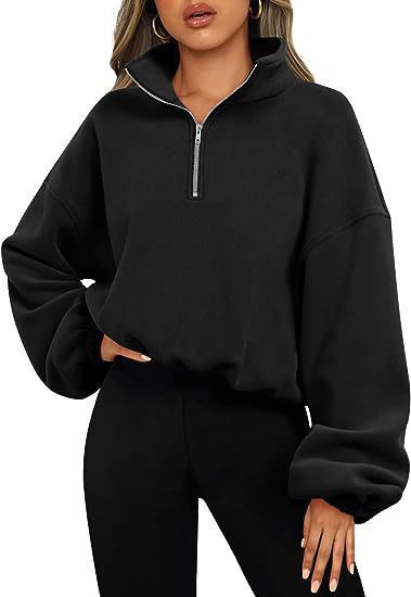 Women's cropped half-zip sweatshirt with high standing collar, balloon sleeves and elastic hem Mune Fashion