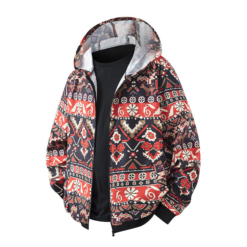 Unisex Light Hooded Jacket in Ethno Print with Full Zipper Drune