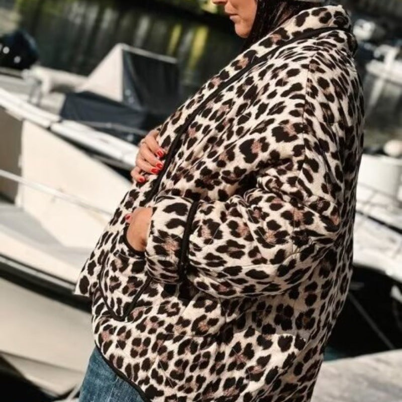 Women's Lined Short Jacket in Leopard Print with Shawl Collar and Piping Mune Fashion