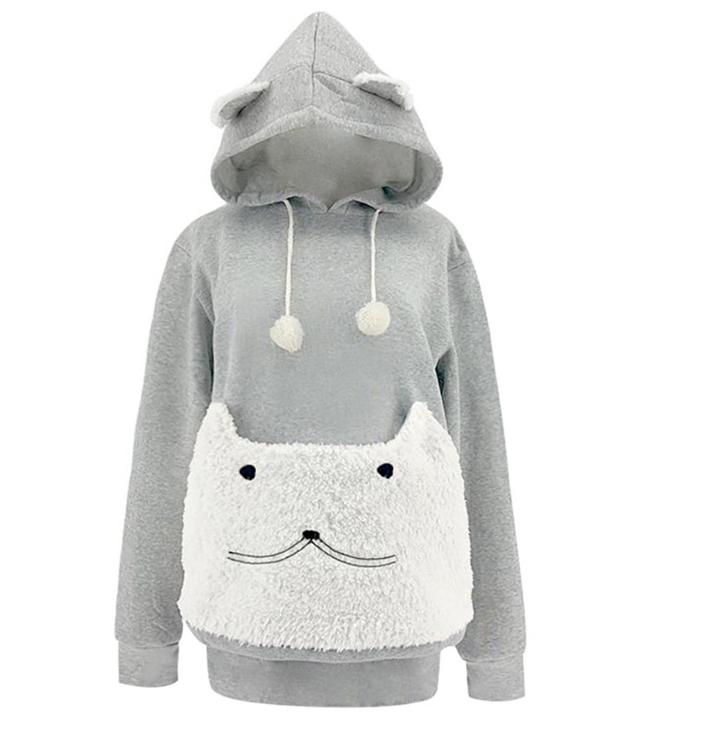 Ladies Cozy Hoodie with Cat Motif and Practical Kangaroo Pocket Mune