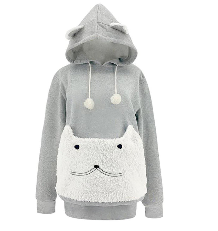 Ladies Cozy Hoodie with Cat Motif and Practical Kangaroo Pocket Mune