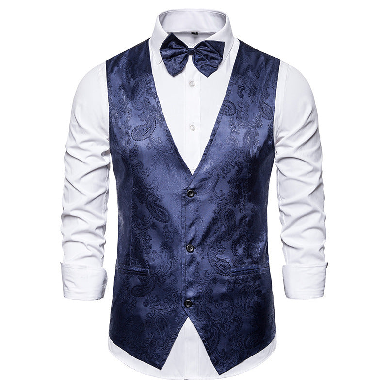 Men's tailored satin vest with ornamental jacquard pattern, V-neck and three buttons Mune Fashion