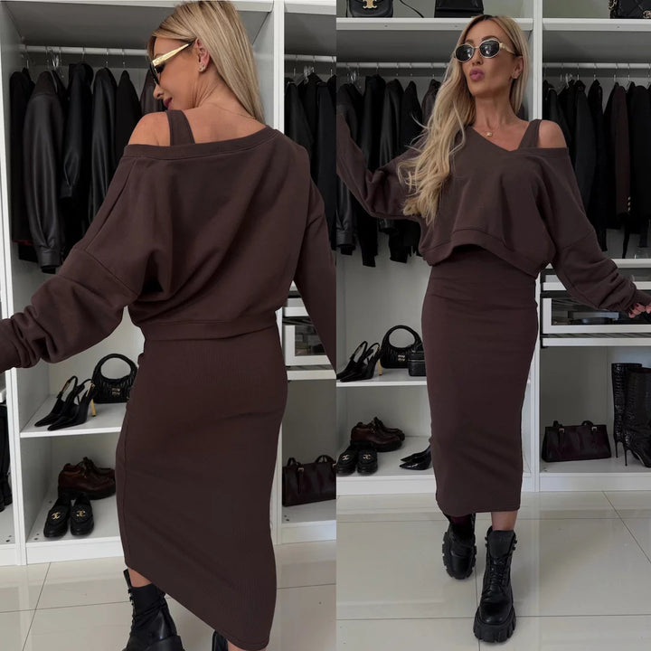 Ladies two-piece midi skirt set with off-shoulder oversized sweatshirt and figure-hugging pencil skirt Mune Fashion