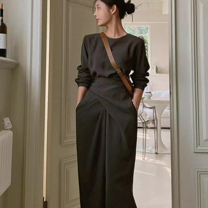 Women’s Modern Long Dress with Overlapping Waistline, Concealed Pockets, and Boxy Silhouette Mune Fashion
