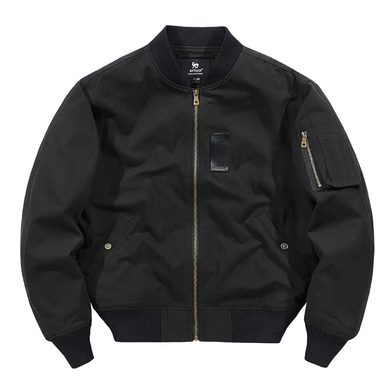 Men's  rugged cotton-twill flight bomber jacket with utility sleeve pocket and reinforced ribbed trims Mune Fashion