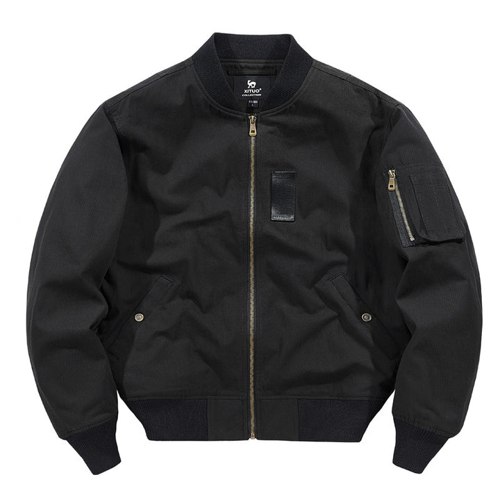 Men's  rugged cotton-twill flight bomber jacket with utility sleeve pocket and reinforced ribbed trims Mune Fashion