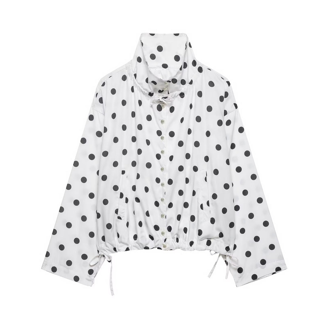 Women's lightweight polka dot windbreaker jacket with drawstring and stand-up collar Mune Fashion