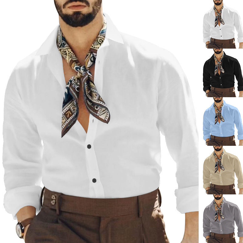 Men's casual resort shirt with deep V-neck, roll-up sleeves, and fine texture Mune Fashion
