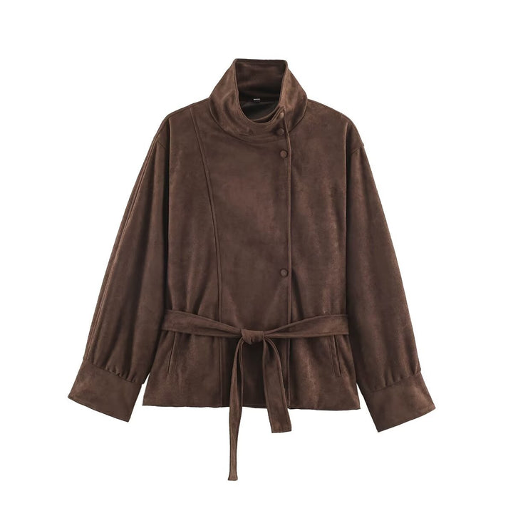 Women's Boxy Wrap Jacket in Velour Look with High Stand-Up Collar and Tie Belt Mune Fashion