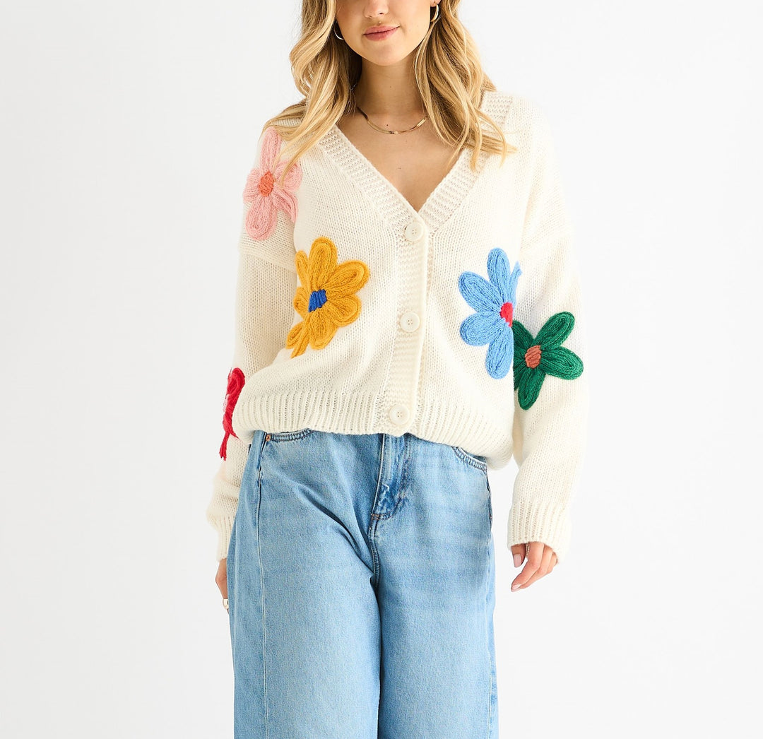 Women's cardigan with three-dimensional flower appliqués and V-neck Mune Fashion