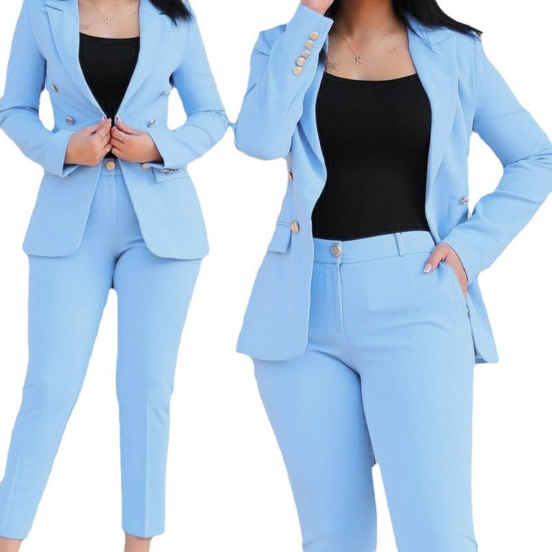 Women's tailored business pantsuit set with double-breasted blazer and tapered waistband pants Mune Fashion