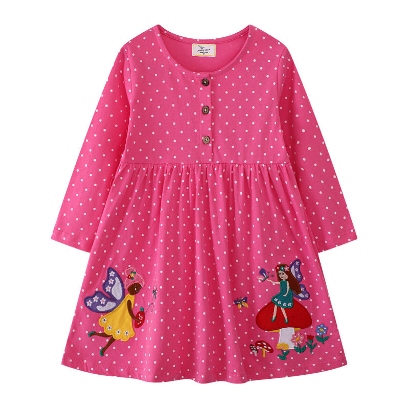 Girls Polka Dots Cotton Dress with Charming Fairy Motifs Mune Fashion