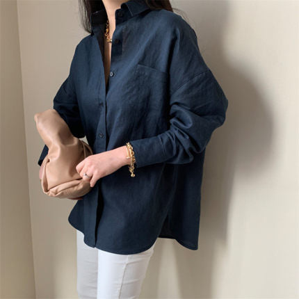 Women's linen blend shirt in relaxed boxy cut with Kent collar and chest pocket Mune Fashion