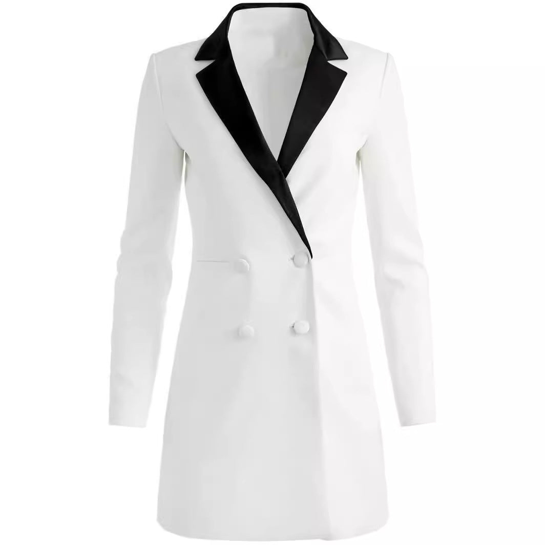 Women Double-Breasted Blazer Dress-Mini Dress with Contrast Shawl Collar Mune Fashion