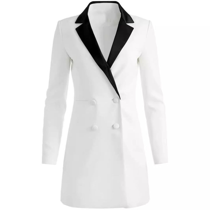 Women Double-Breasted Blazer Dress-Mini Dress with Contrast Shawl Collar Mune Fashion