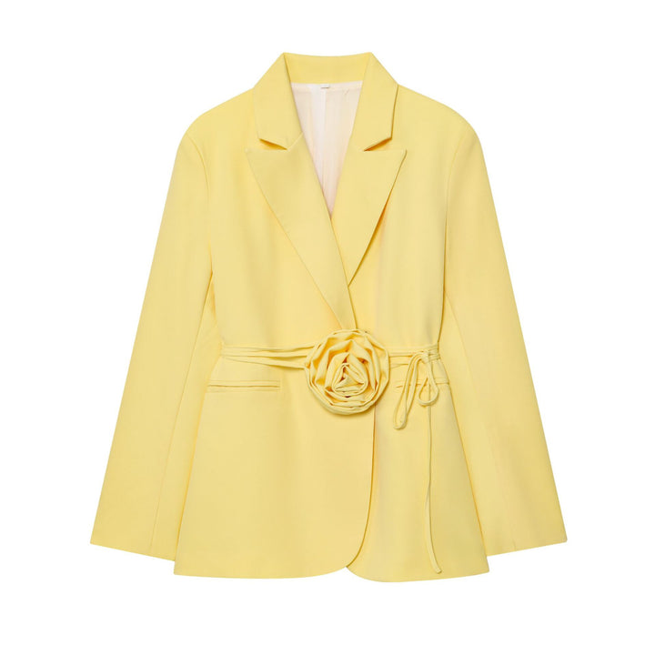 Women's tailored blazer with decorative rose appliqué and tie belt Mune Fashion