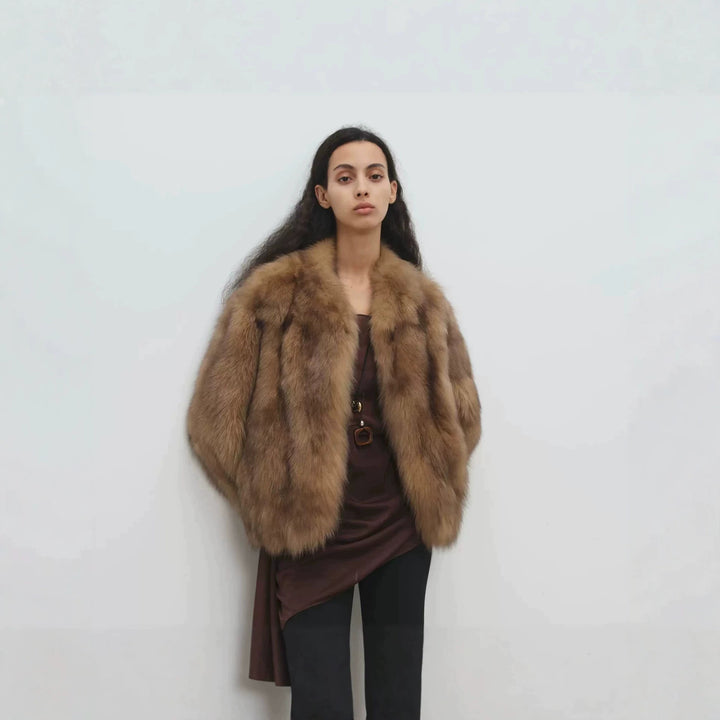 Women’s short coat made of high-pile faux fur with a tailored boxy cut and voluminous shawl collar Mune Fashion