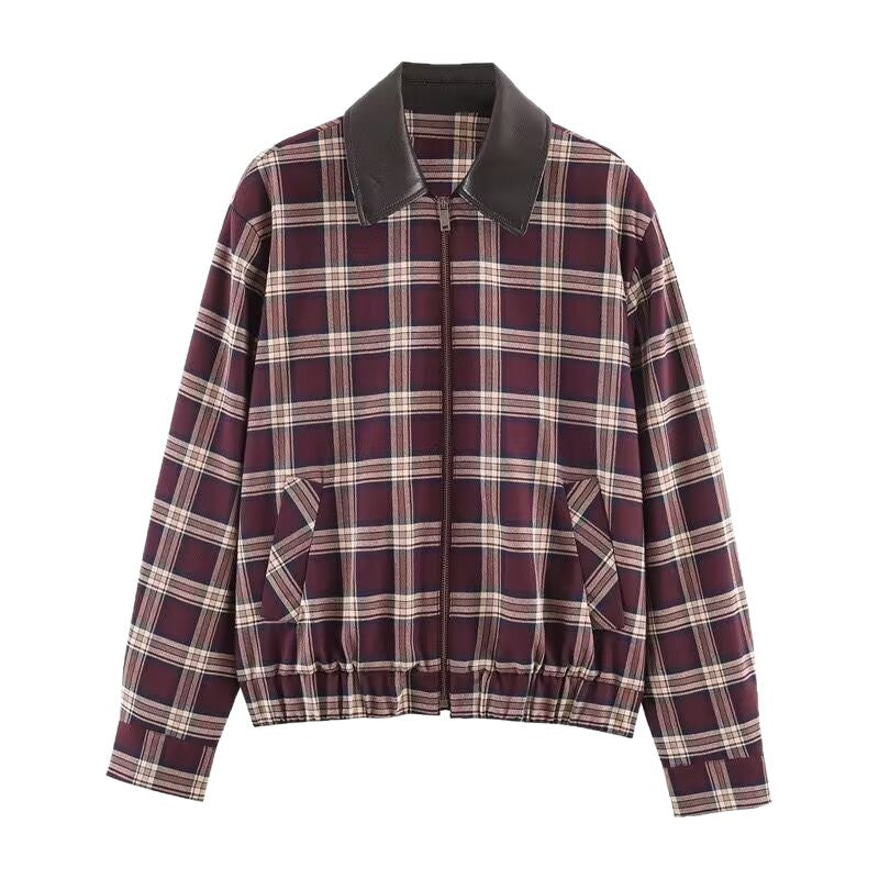 Women's Checked Blouson Jacket with Contrasting Leather Collar and Elastic Hem Mune Fashion
