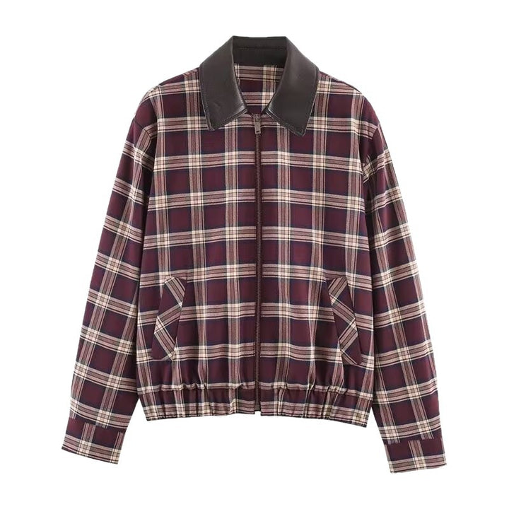 Women's Checked Blouson Jacket with Contrasting Leather Collar and Elastic Hem Mune Fashion