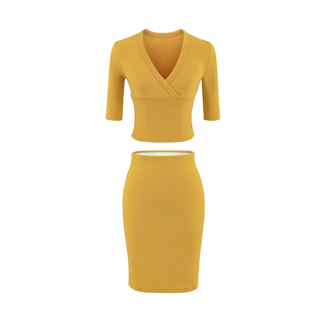 Women's two-piece figure-hugging wrap top with three-quarter sleeves and high-waisted pencil skirt Mune Fashion