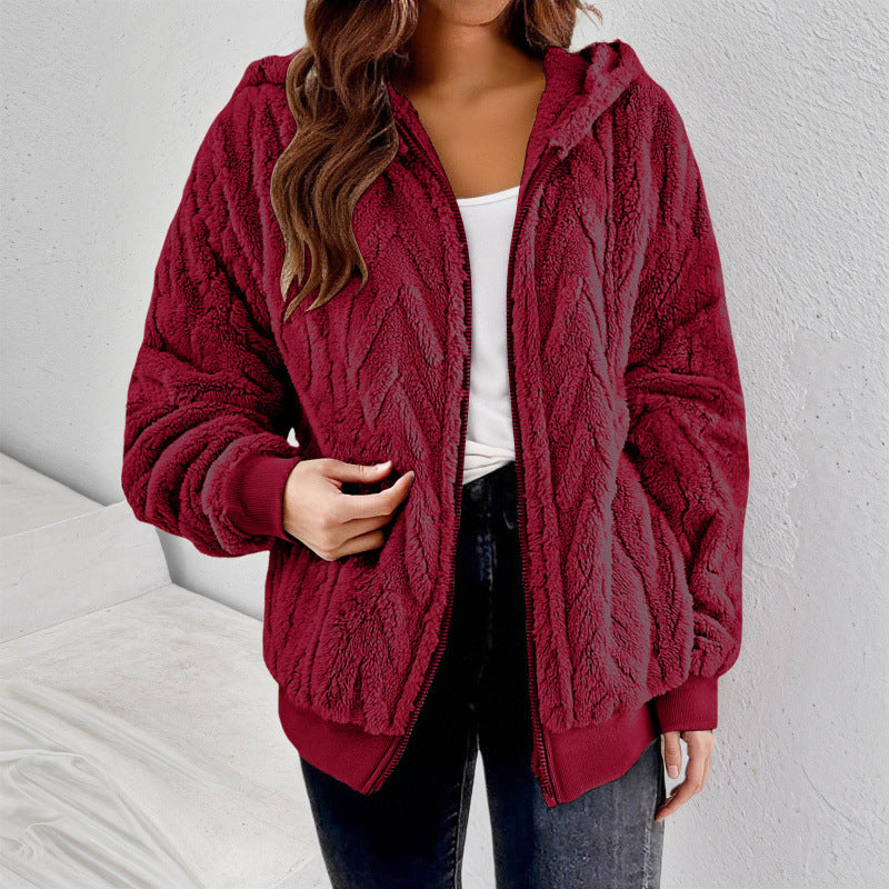 Women's Hooded Teddy Jacket with Zipper, Soft Plush and Elastic Cuff Mune Fashion
