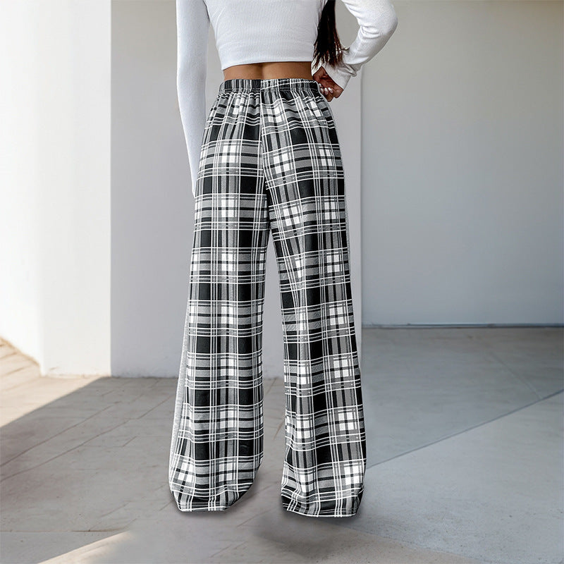 Women's Wide Lounge Pants in Checked Pattern with Elastic Waistband and Contrast Side Panel Mune Fashion