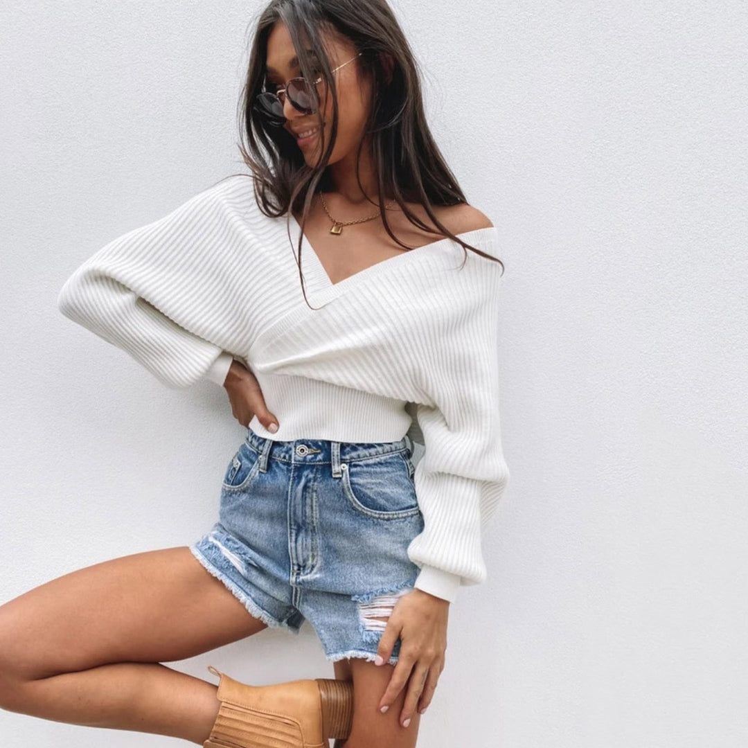Women's knitted off-shoulder cropped pullover with wrap look and balloon sleeves Mune Fashion