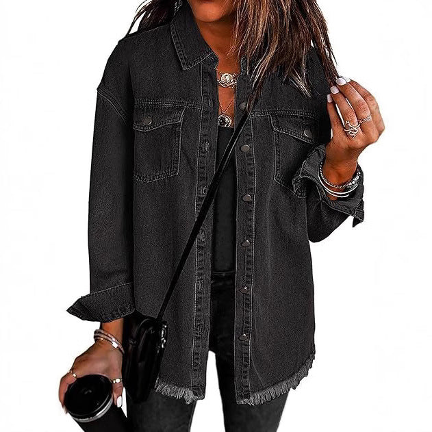 Women's Oversized Denim Shirt Jacket with Fringe Hem Mune Fashion