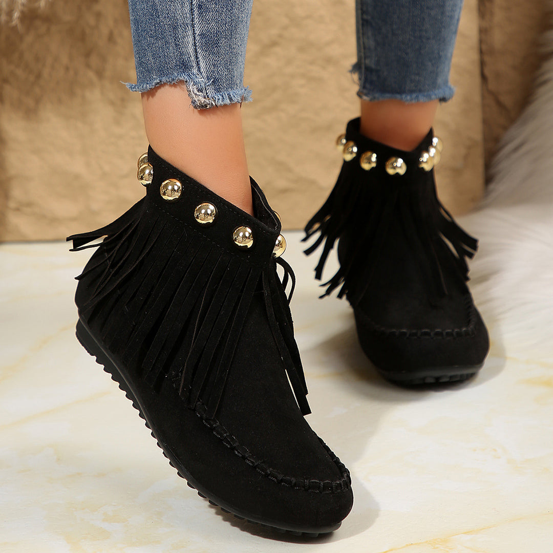 Women's Fringe Moccasin Ankle Boot with Decorative Rivets and Back Zipper Mune Fashion