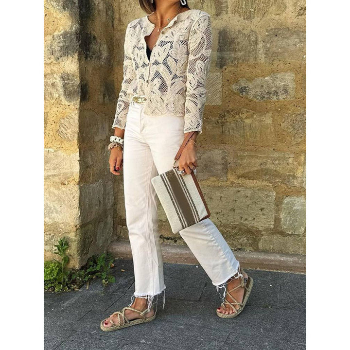 Women's Crochet Cardigan with Floral Openwork Pattern, Button Placket & Wavy Hem Mune Fashion